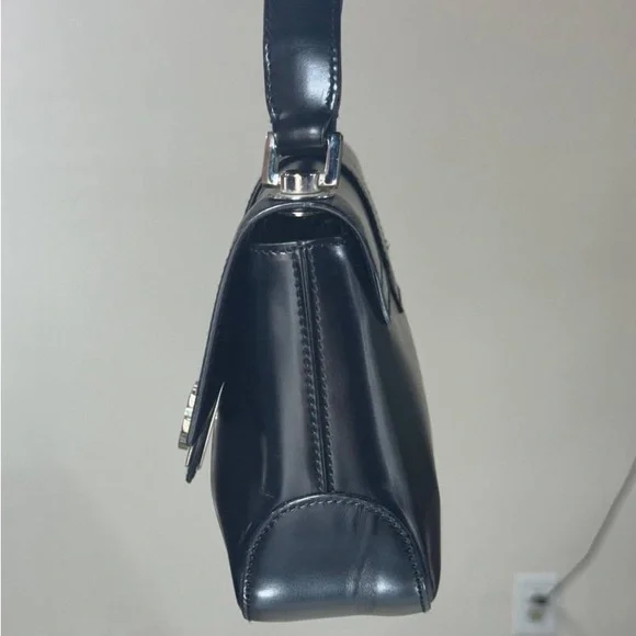 SALVATORE FERRAGAMO Black Leather Handbag Clutch Silver Hardware Shoulder Bag